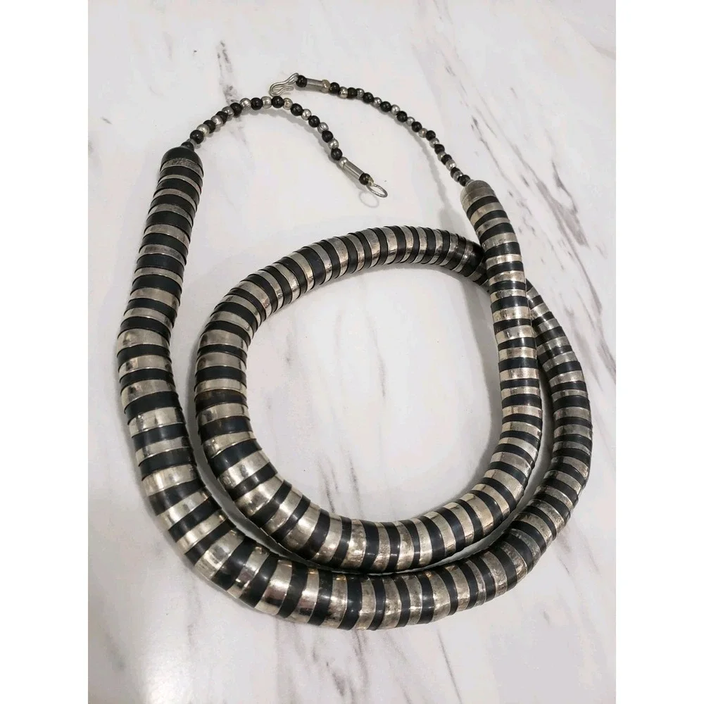 Vintage Statement Metal Disc Bead Necklace India Tribal Boho Snake Bib Brutalist
